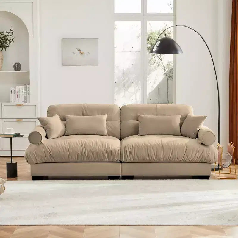 Canapé Moderne 2 Places en Velours à Accoudoirs Ronds avec Coussins
