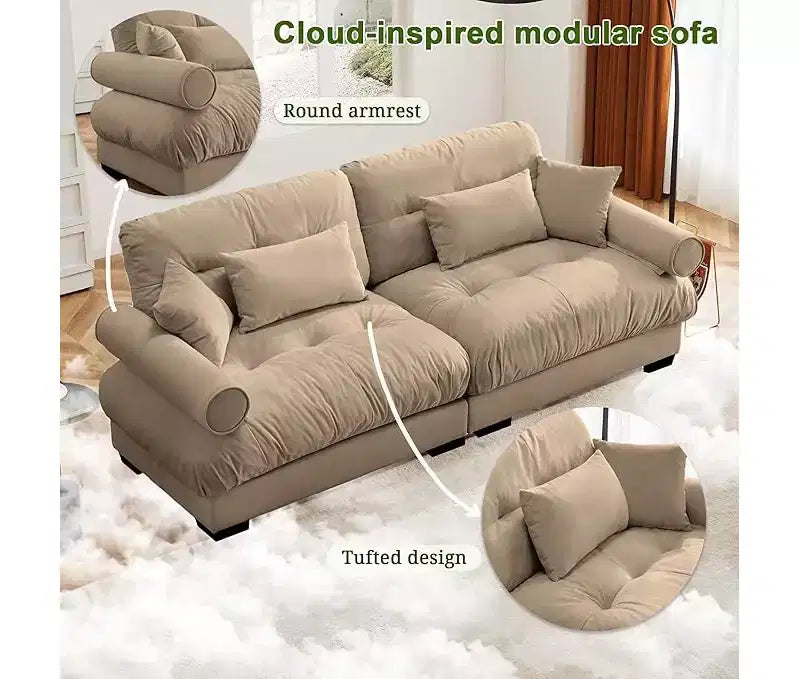 Canapé Moderne 2 Places en Velours à Accoudoirs Ronds avec Coussins
