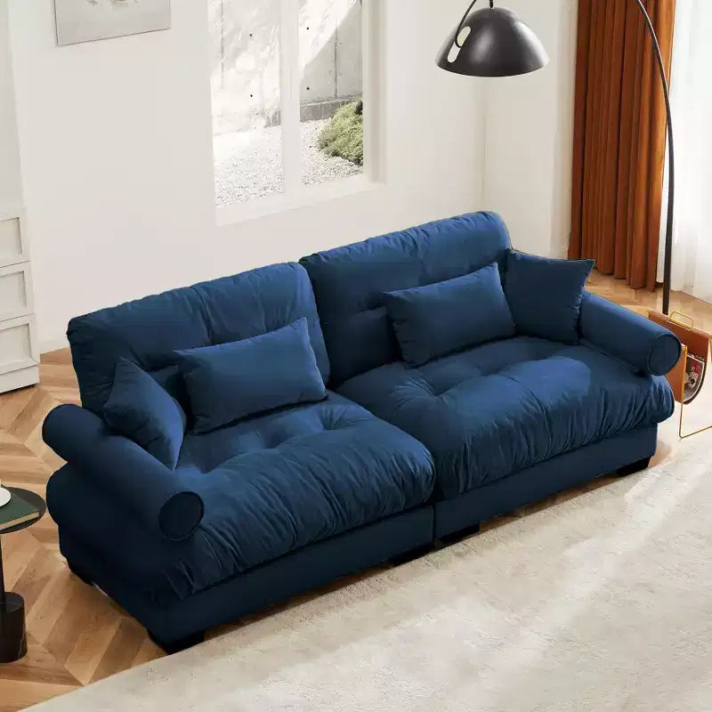 Canapé 2 places moderne en velours à accoudoirs ronds avec coussins