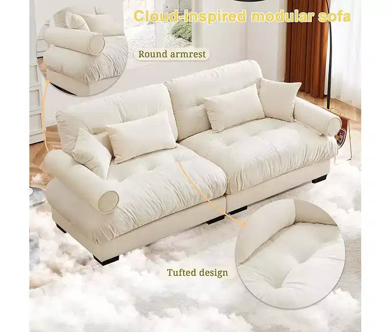 Canapé Moderne 2 Places en Velours à Accoudoirs Ronds avec Coussins