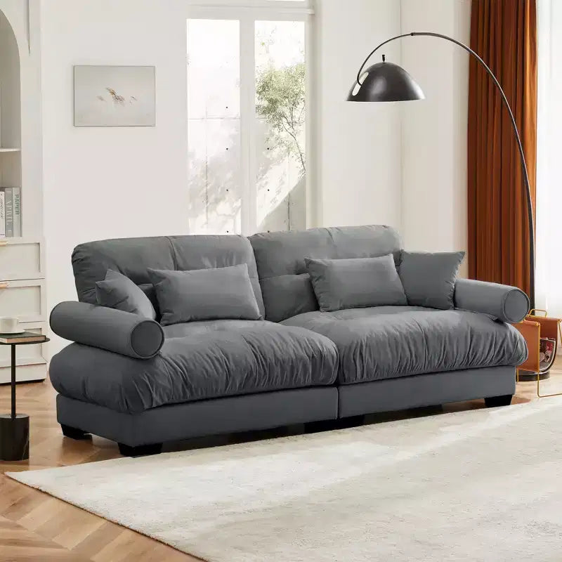 Canapé Moderne 2 Places en Velours à Accoudoirs Ronds avec Coussins