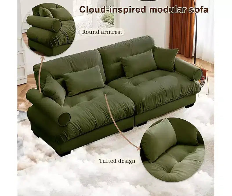 Canapé Moderne 2 Places en Velours à Accoudoirs Ronds avec Coussins