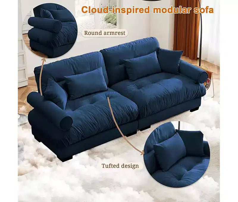 Canapé Moderne 2 Places en Velours à Accoudoirs Ronds avec Coussins