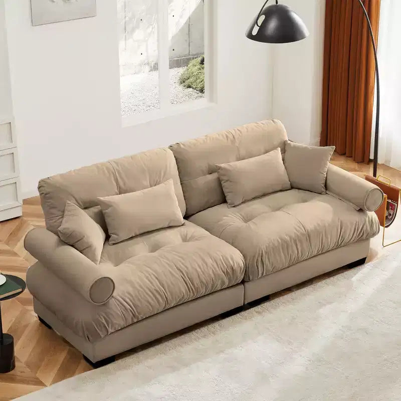 Canapé 2 places moderne en velours à accoudoirs ronds avec coussins