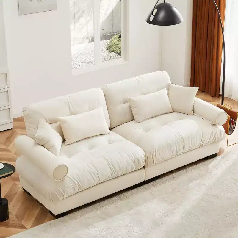 Canapé 2 places moderne en velours à accoudoirs ronds avec coussins