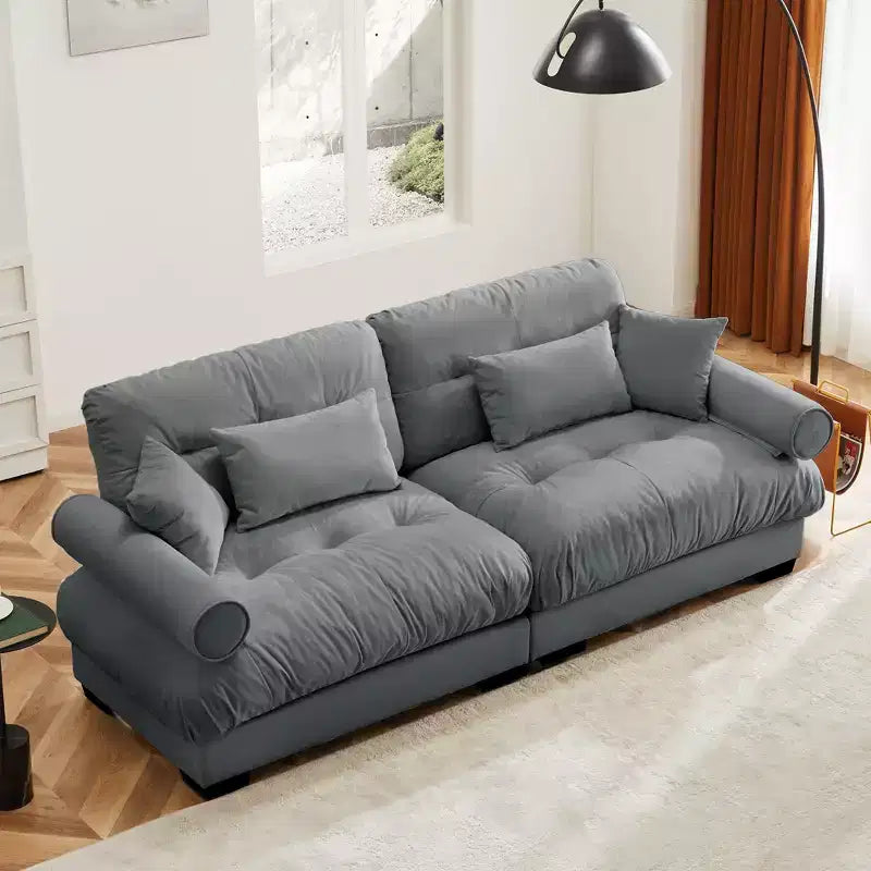Canapé 2 places moderne en velours à accoudoirs ronds avec coussins