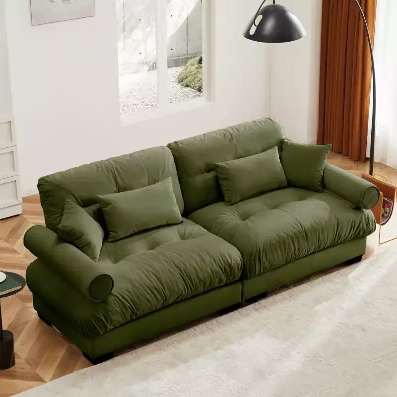 Canapé 2 places moderne en velours à accoudoirs ronds avec coussins