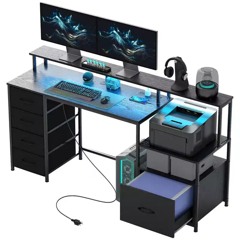Bureau d'ordinateur avec classeur, bureau de travail avec prises électriques