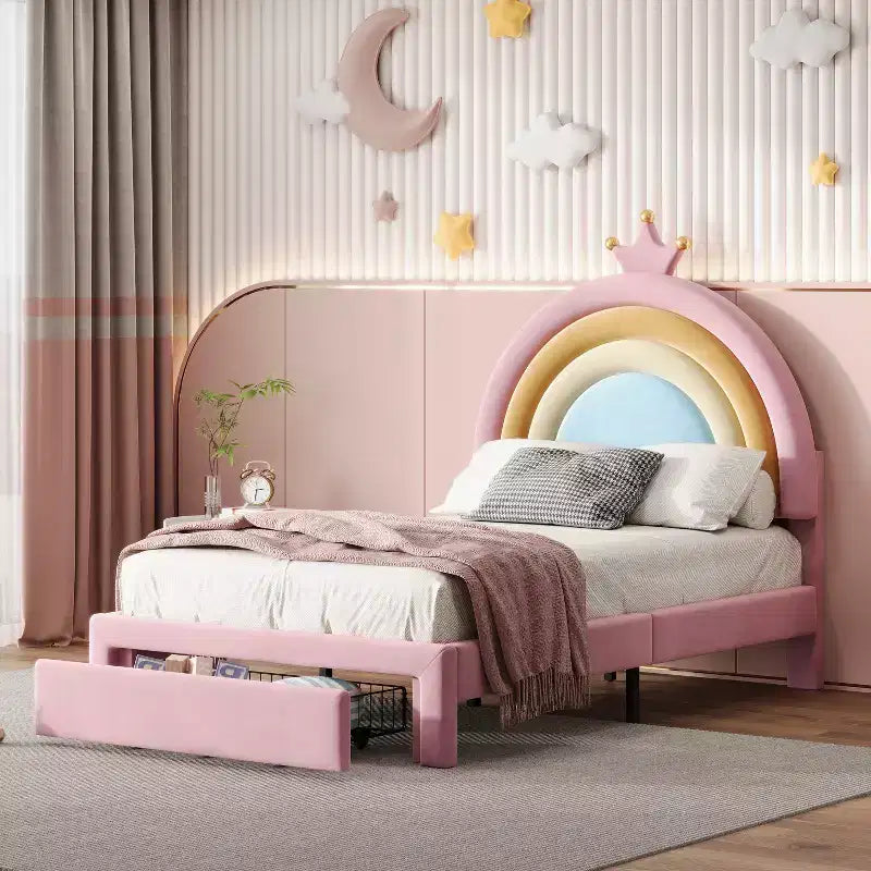 Twin/Full Size Velvet Upholstered Rainbow Design Bed, Princess Platform Bed with Storage Drawer, Pink - ModernLuxe