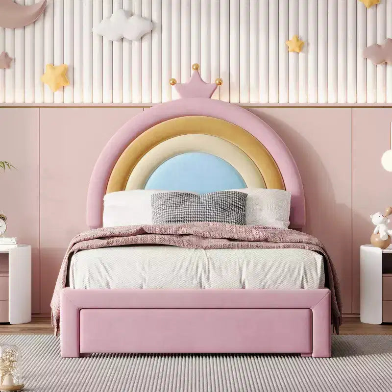 Lit plateforme princesse rembourré en velours motif arc-en-ciel