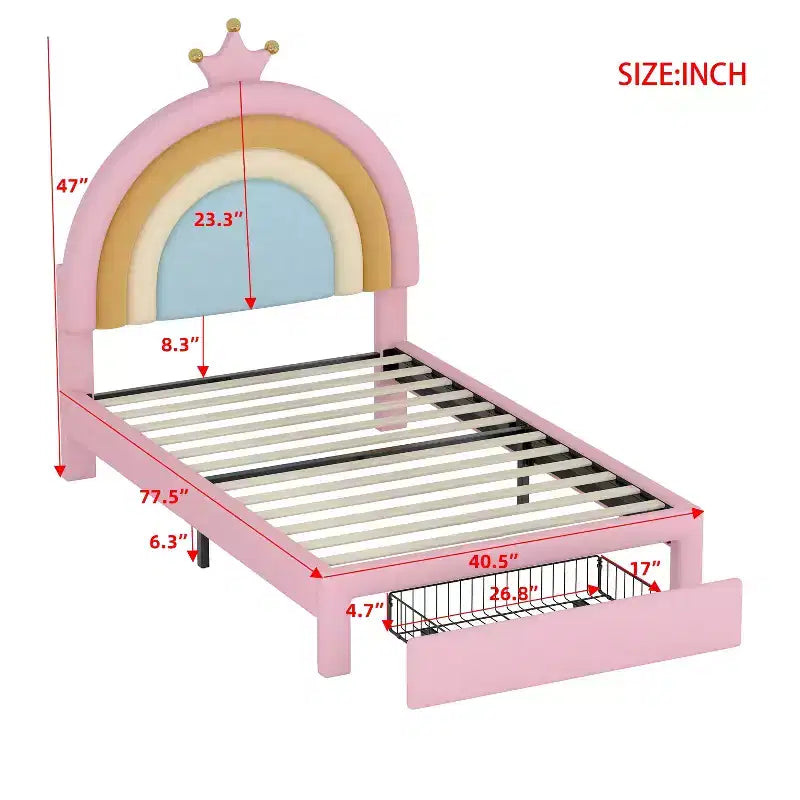 Lit plateforme princesse rembourré en velours motif arc-en-ciel