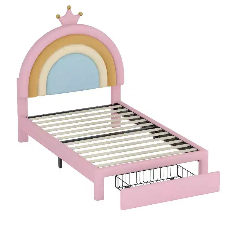 Lit plateforme princesse rembourré en velours motif arc-en-ciel