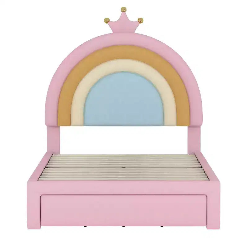 Lit plateforme princesse rembourré en velours motif arc-en-ciel