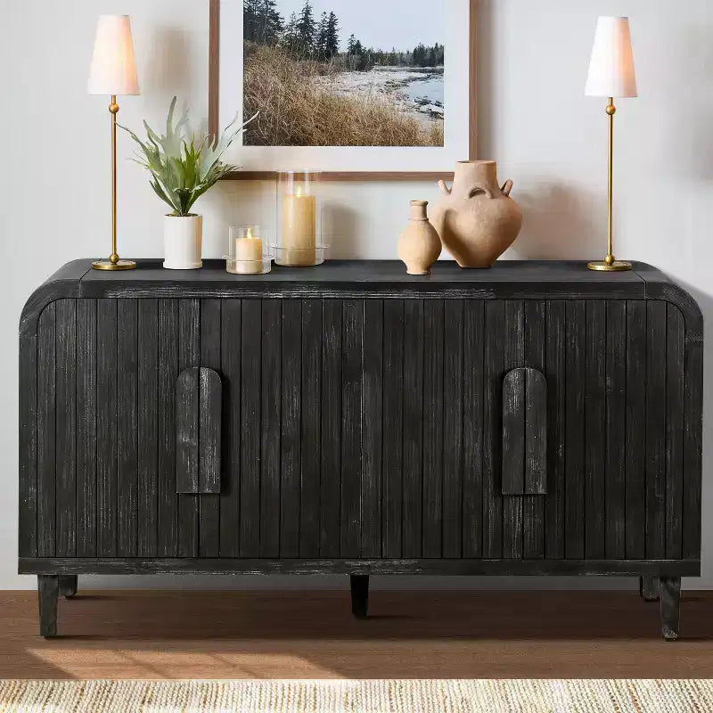 59''W Farmhouse Curved Vintage Sideboard with Large Wooden Handles, Vertical Wood Grain Carving and Adjustable Shelves - ModernLuxe