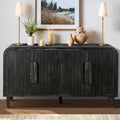 59''W Farmhouse Curved Vintage Sideboard with Large Wooden Handles, Vertical Wood Grain Carving and Adjustable Shelves - ModernLuxe