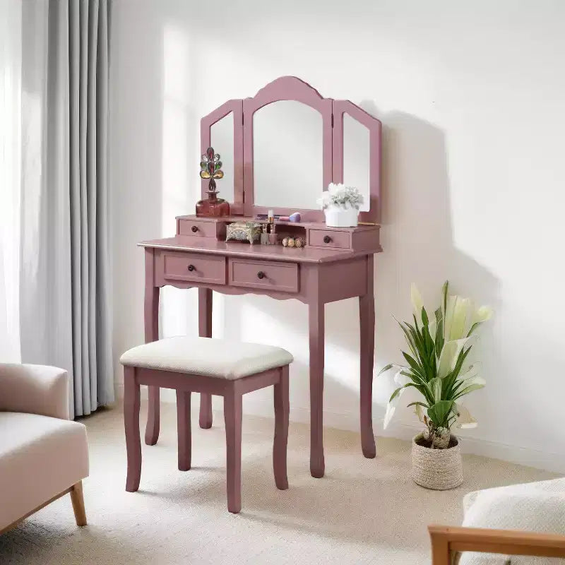Coiffeuse en bois avec tabouret, coloris or rose