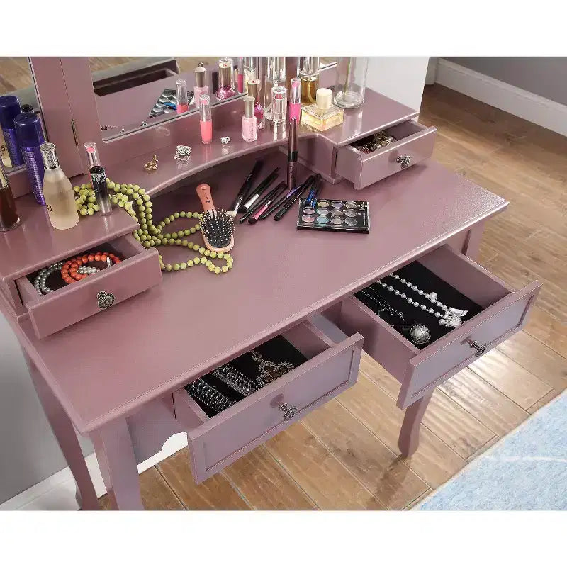 Coiffeuse en bois avec tabouret, coloris or rose