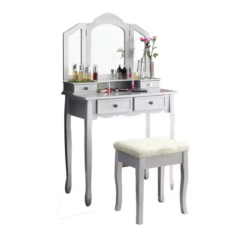 Coiffeuse en bois avec tabouret, coloris or rose