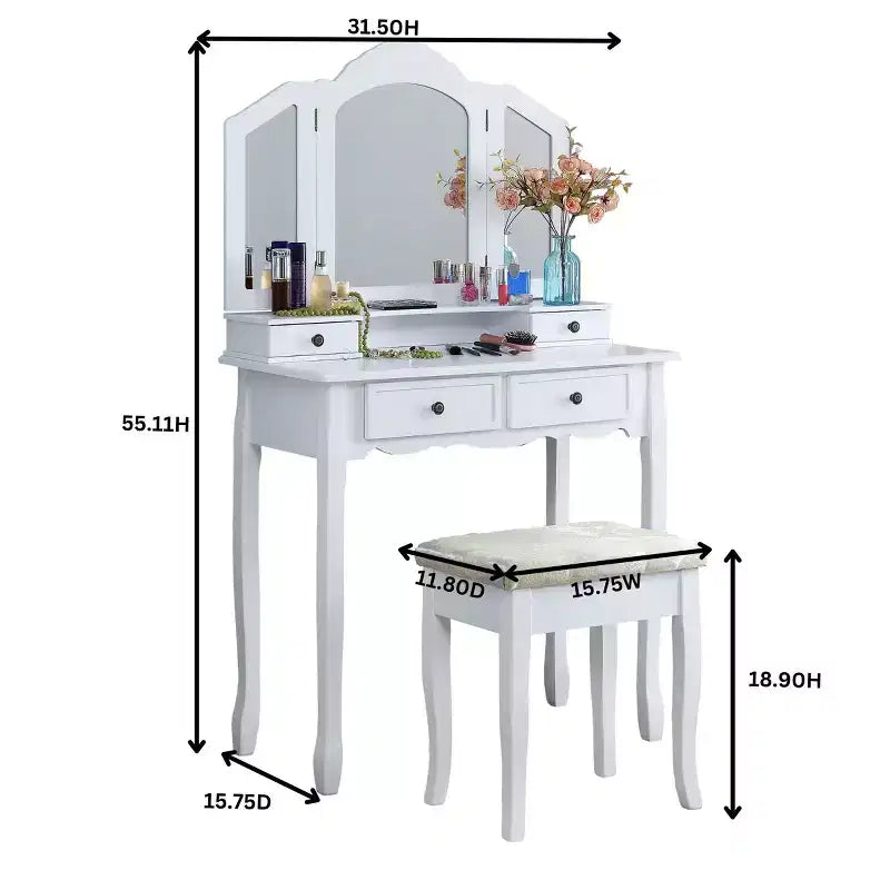 Coiffeuse en bois avec tabouret, coloris or rose