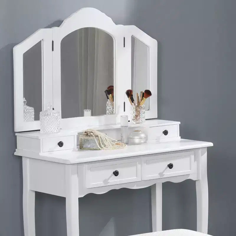 Coiffeuse en bois avec tabouret, coloris or rose