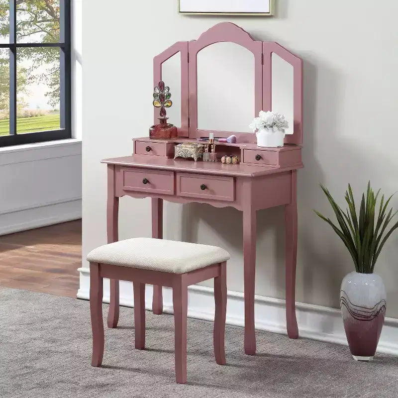 Sanlo Wood Dressing Make Up Dressing Table and Chair Set, Rose Gold