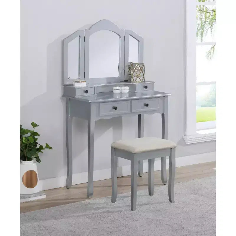 Coiffeuse en bois avec tabouret, coloris or rose