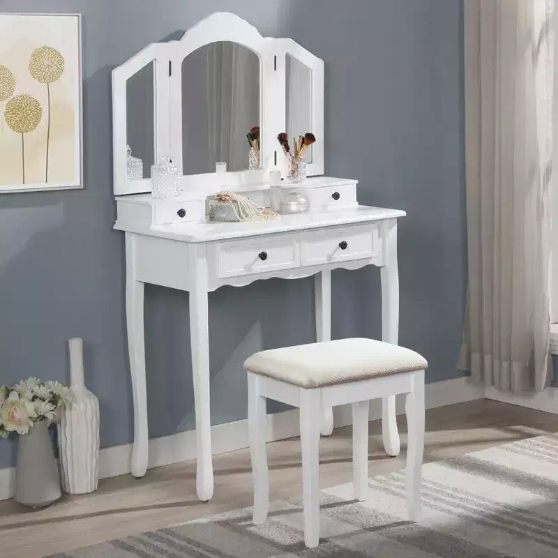 Coiffeuse en bois avec tabouret, coloris or rose