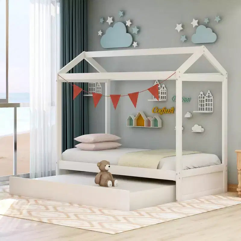 Whisen Wood Decoratable House-Shaped Bed with Trundle - White