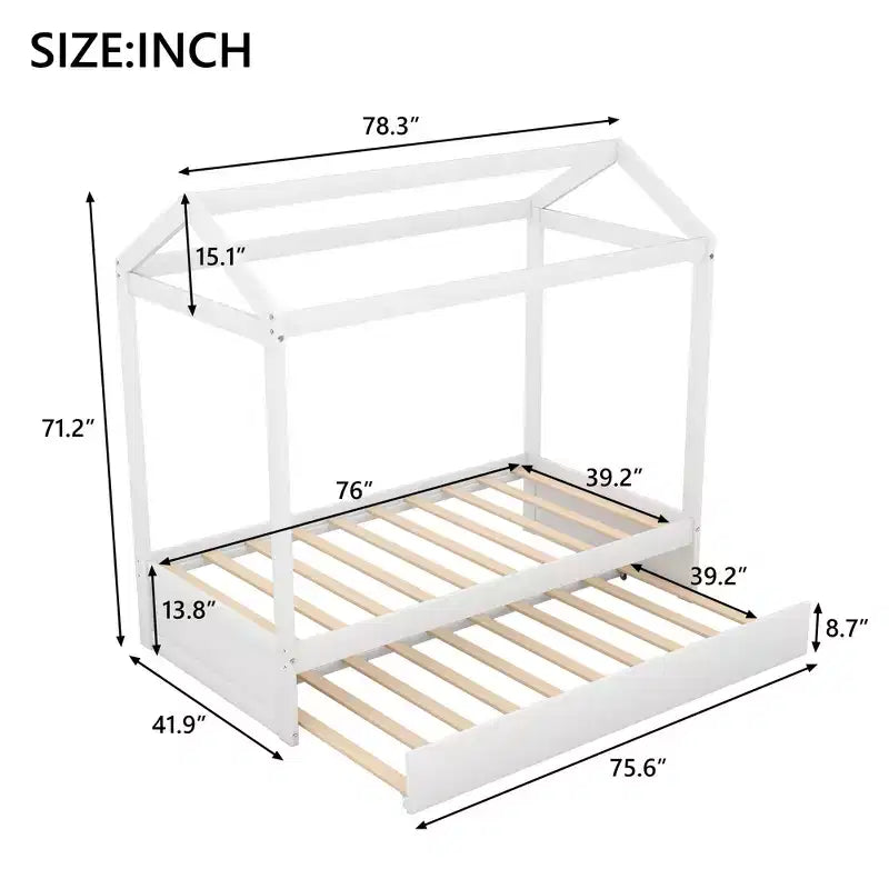 Lit en forme de maison décorable en bois avec tiroir-lit blanc