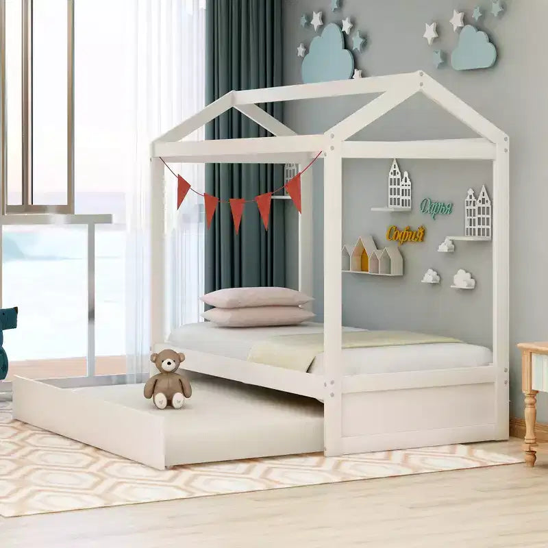 Lit en forme de maison décorable en bois avec tiroir-lit blanc