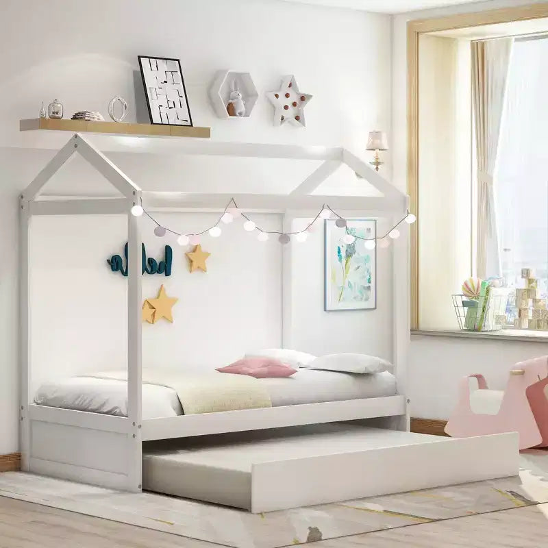 Lit en forme de maison décorable en bois avec tiroir-lit blanc