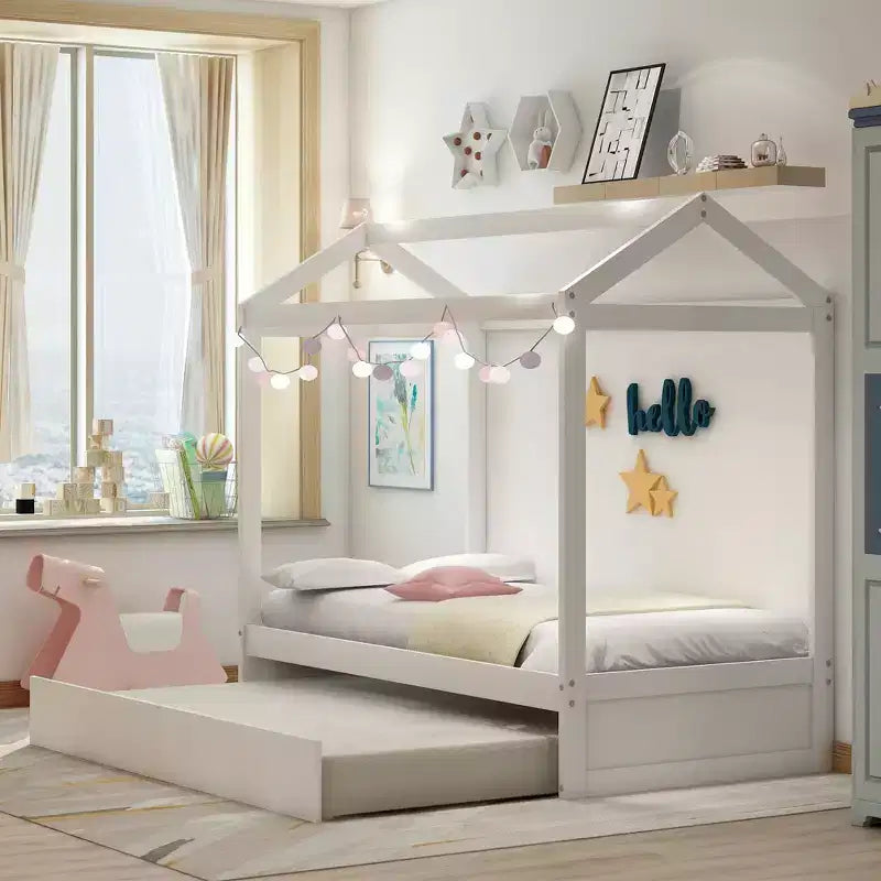Lit en forme de maison décorable en bois avec tiroir-lit blanc