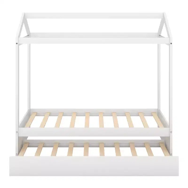 Lit en forme de maison décorable en bois avec tiroir-lit blanc