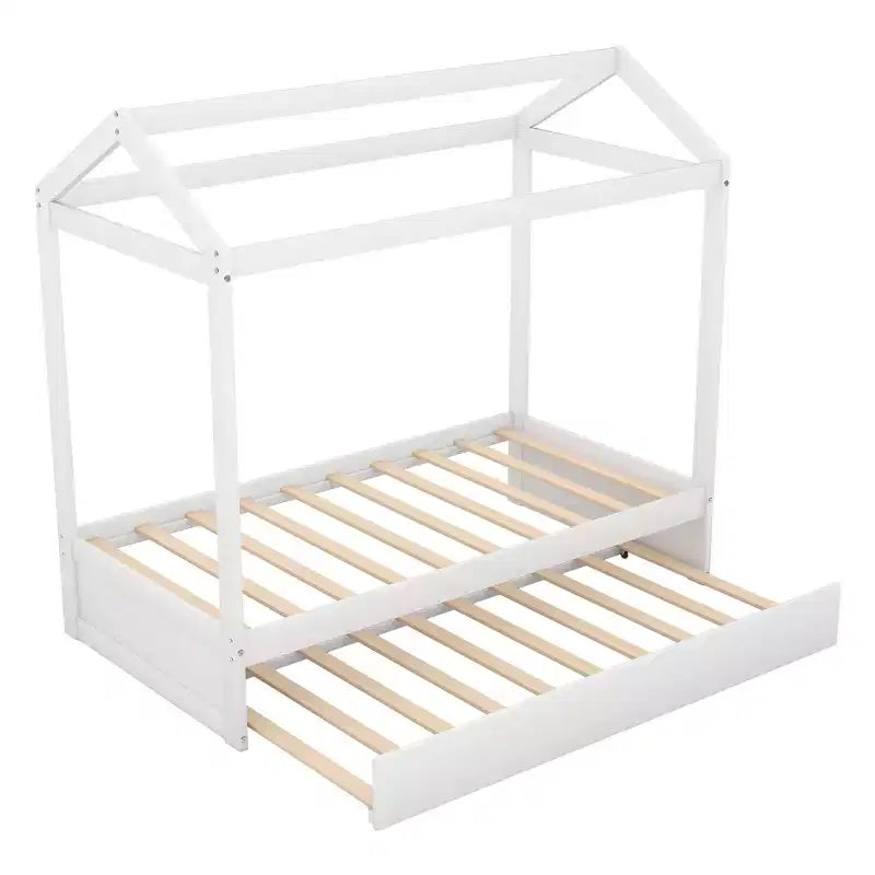 Lit en forme de maison décorable en bois avec tiroir-lit blanc