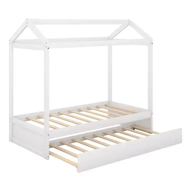 Lit en forme de maison décorable en bois avec tiroir-lit blanc