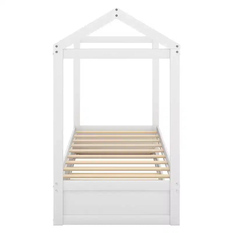Lit en forme de maison décorable en bois avec tiroir-lit blanc