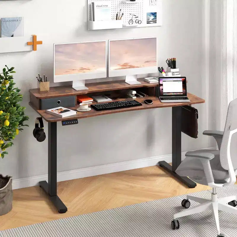 Bureau debout électrique avec 2 tiroirs, support d'écran et étagère de rangement