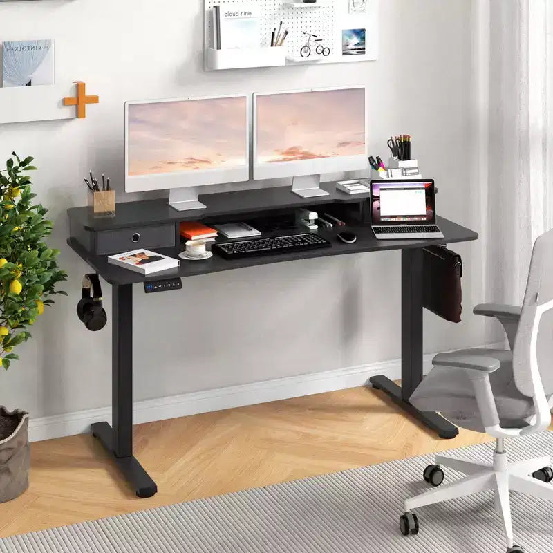 Bureau debout électrique avec 2 tiroirs, support d'écran et étagère de rangement