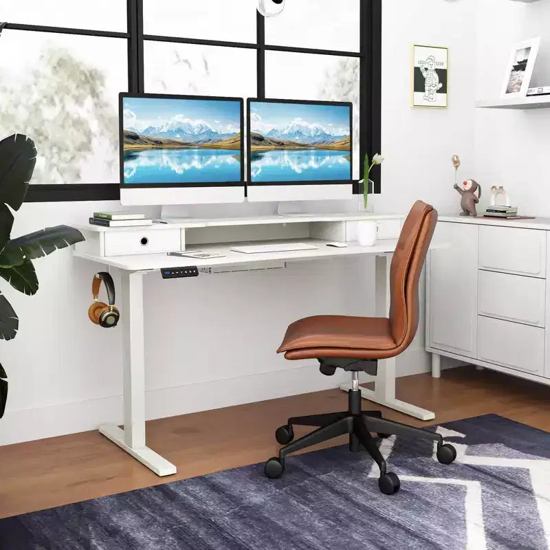 Bureau debout électrique avec 2 tiroirs, support d'écran et étagère de rangement