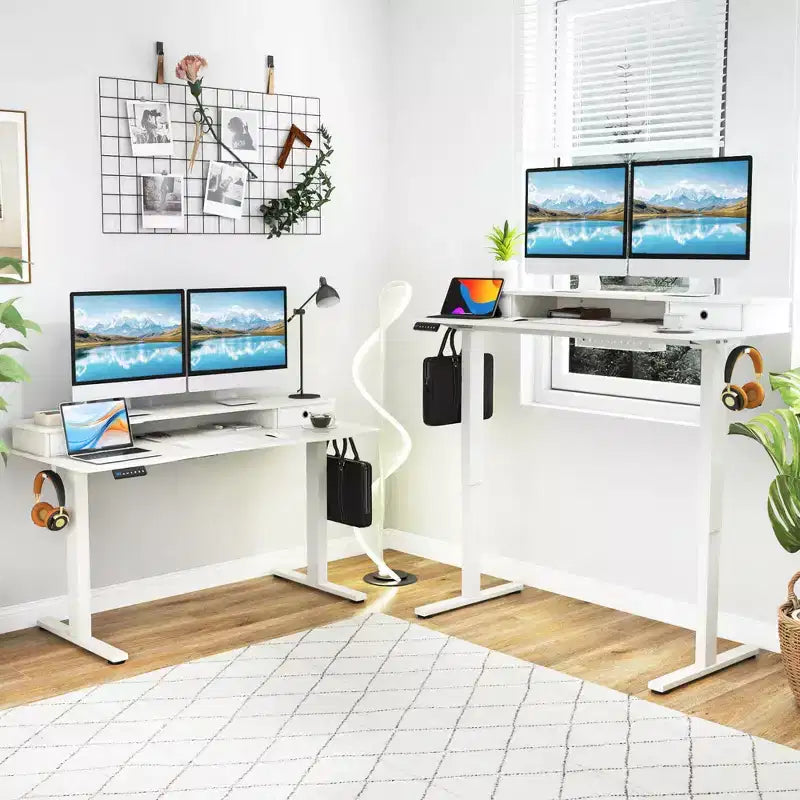 Bureau debout électrique avec 2 tiroirs, support d'écran et étagère de rangement