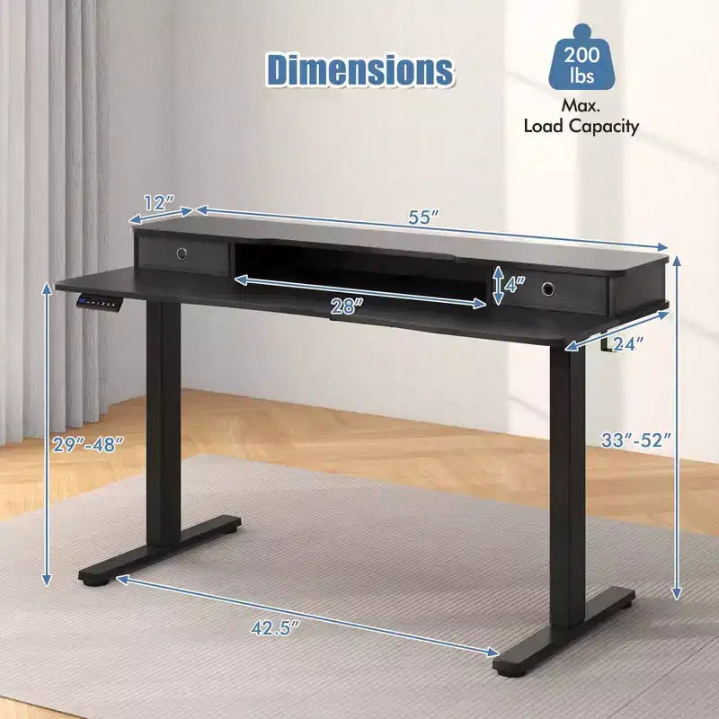 Bureau debout électrique avec 2 tiroirs, support d'écran et étagère de rangement
