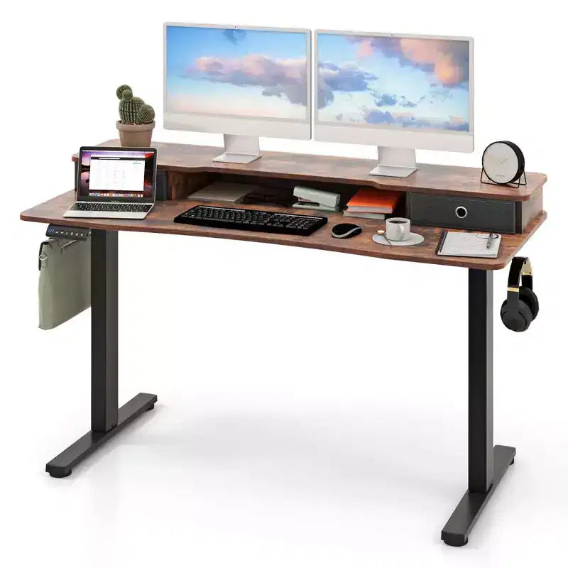 Bureau debout électrique avec 2 tiroirs, support d'écran et étagère de rangement