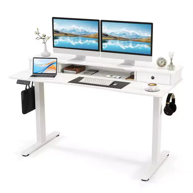 Bureau debout électrique avec 2 tiroirs, support d'écran et étagère de rangement