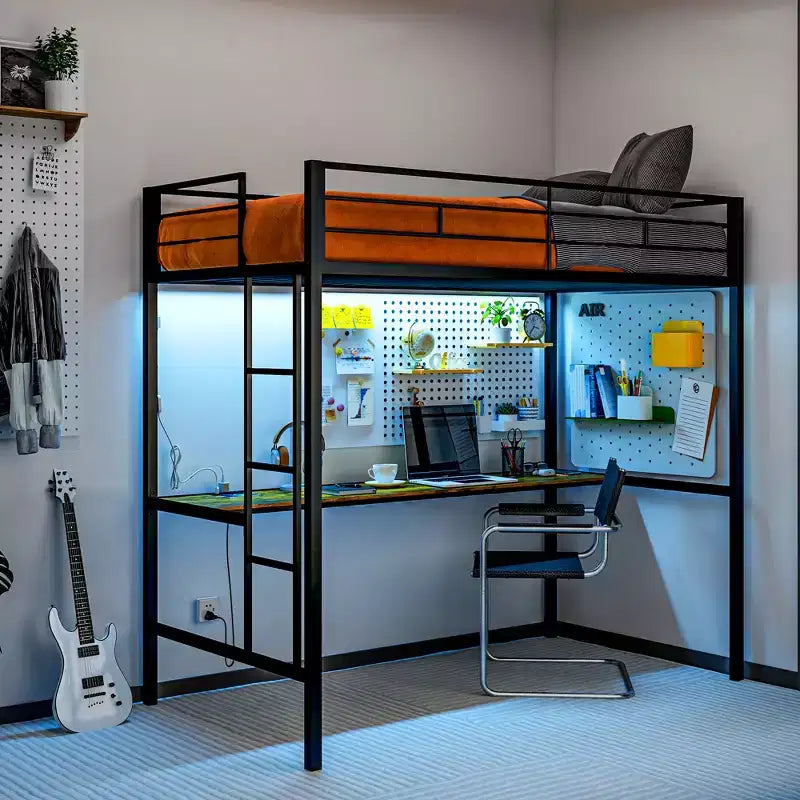 HOMCOM Twin Loft Bed with Desk, LED Lights, Charging Station, Twin Size Metal Loft Bed Frame with Safety Guardrail, Ladder, Noise Free, Black