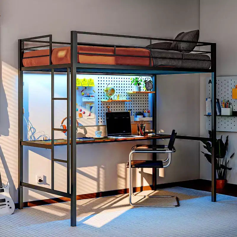 Lit mezzanine double avec bureau, lumières LED, station de recharge