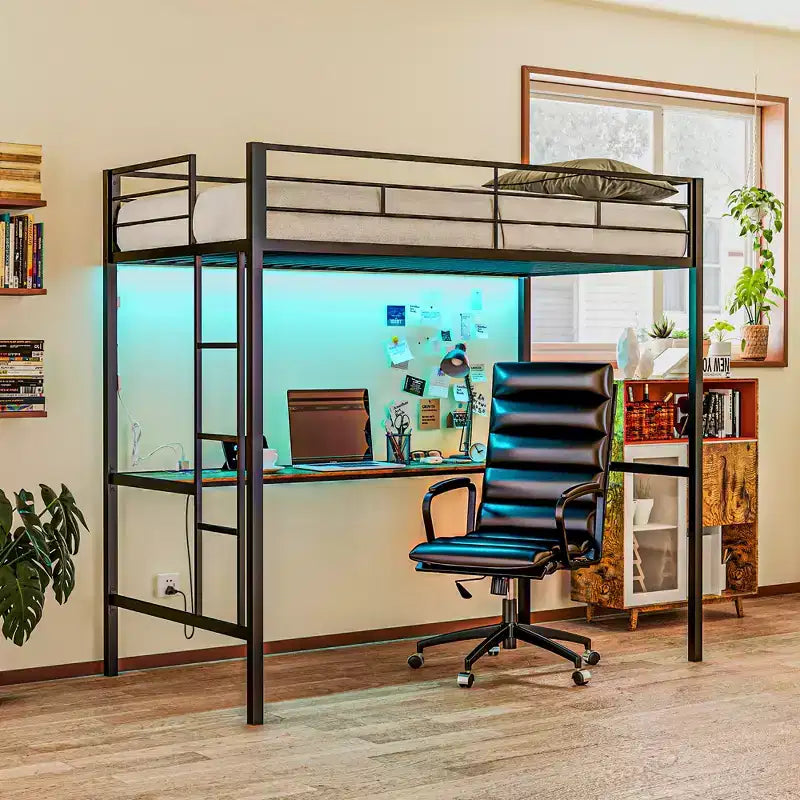 Lit mezzanine double avec bureau, lumières LED, station de recharge
