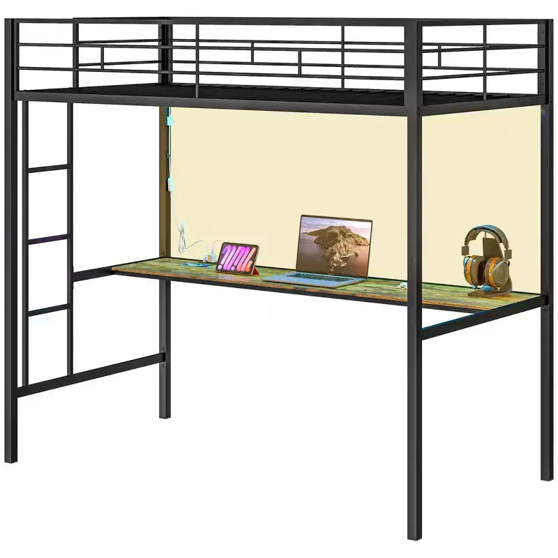 Lit mezzanine double avec bureau, lumières LED, station de recharge