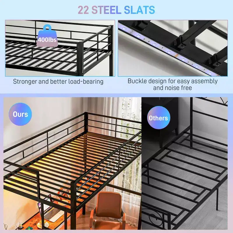 Lit mezzanine double avec bureau, lumières LED, station de recharge