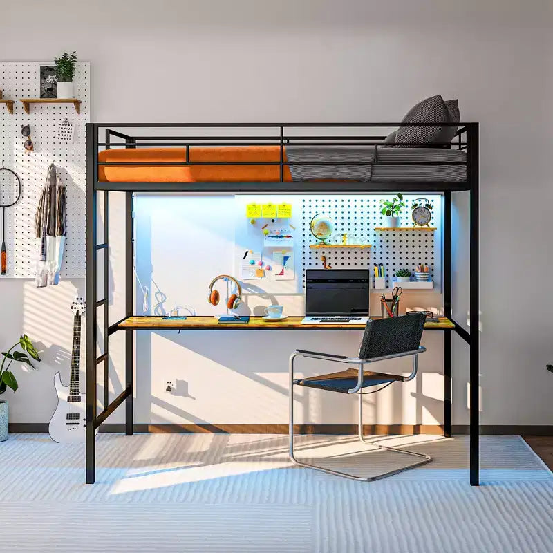 Lit mezzanine double avec bureau, lumières LED, station de recharge