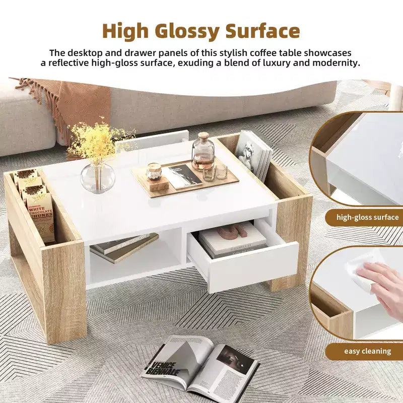 Table basse brillante avec 2 tiroirs